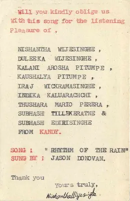 Demande de chanson — Kandy — Sri Lanka — Verso