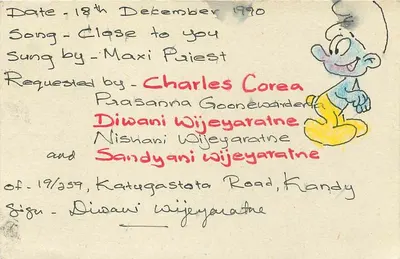 Carta postal Sri Lanka — 18 de dezembro de 1990 — solicitação da música « Close to you » — desenho de Schtroumpf — Verso