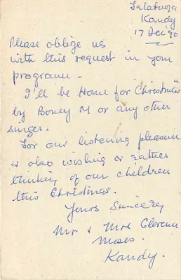 Salafurugoda Kandy — solicitação de programa de rádio — Carta postal do Sri Lanka n°75 — Verso