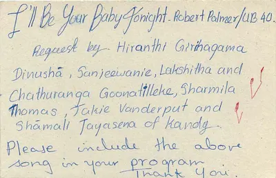 Kandy — solicitação de música — Bilhete postal do Sri Lanka — Verso