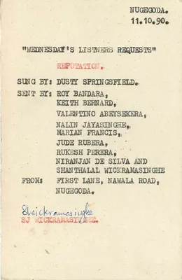 Sri Lanka — Carta postal musical para 'Wednesday's Listeners Requests' — S.L.B.Co., Colombo — Verso