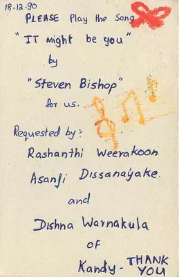 Cartolina di Sri Lanka — richiesta di canzone per Natale — editore sconosciuto, numero di serie non visibile — Verso