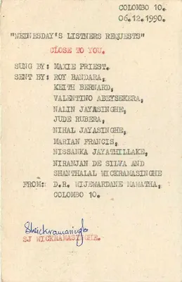Wednesday's Listeners Requests — Cartão Postal do Sri Lanka — Verso