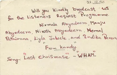 Radio Broadcast Request — Kandy — Sri Lanka — unknown publisher, series number not visible — Back
