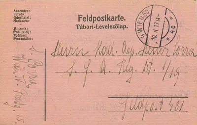 Tábori-Levelezőlap — carta postal de campo de concentração — editor Feldpostkarte, Viena 50