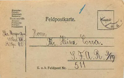 Carta postal de Feldpost — Feldpostkarte — destinada a Herr Heinz Corra — K.u.k. Feldpost Nr. 511