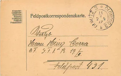 Carta postal de Feldpost — Ołomouc — 11/2/17