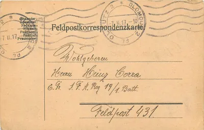 Carta postal de campo — Olomouc, 7 de novembro de 1917 — Feldpost 431
