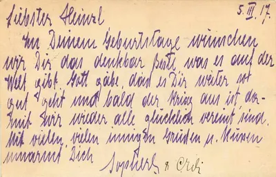 Karta pocztowa Feldpost — Feldpostkorrespondenzkarte — datowana 5. III. 17 — przeznaczona dla Herrn Rad. Ost. Reg. 1/19 — Feldpost 431 — z pieczątką i pieczęcią z Vien 50 — Rewers