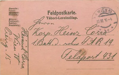 Feldpostkarte — Tábori-Levelezőlap — Wien 30.XII.16