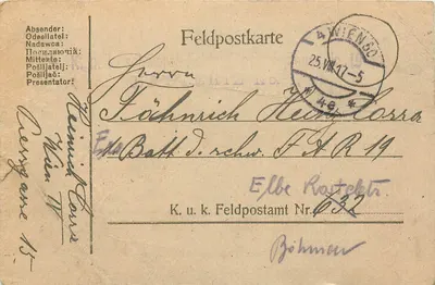 Campanha da Galícia — Feldpostkarte do exército austríaco-húngaro — Feldpostamt Nr. 632 na Boêmia
