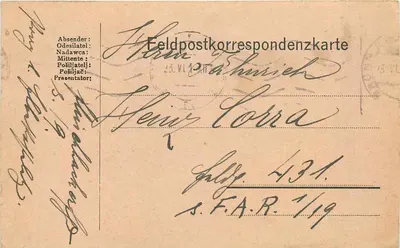 Carta postal de Feldpost — correspondência militar — editor desconhecido, número de série não visível