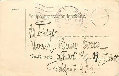 Carta de correspondência militar — Délégation militaire — Feldpost 431, 5.F.Art. Rg. 19 / I. Batt.