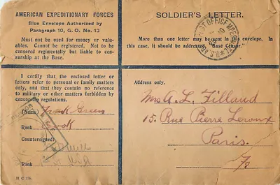 Carta postal militar americana — Carta do soldado — 1º Office de Censura, Paris
