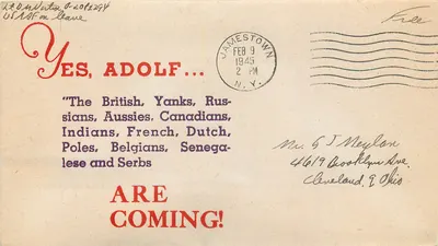 Carta postal militar — USAF em deslocamento — JAMESTOWN, N.Y. — 9 FÉVRIER 1945
