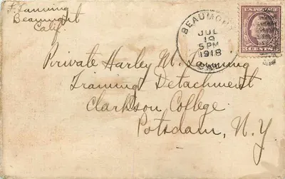 Carte postal militar — F. Lanning, Beaumont, Califórnia — enviada ao Private Harley M. Lanning, Clarkston College, Potsdam, N.Y. — selo de 3 centavos, carimbo de Beaumont 19 de julho de 1918