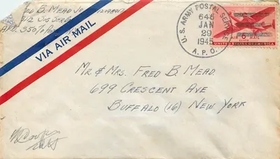 Carte postale aérienne — A.P.O. 646, 29 janvier 1945 — U.S. Army Postal Service