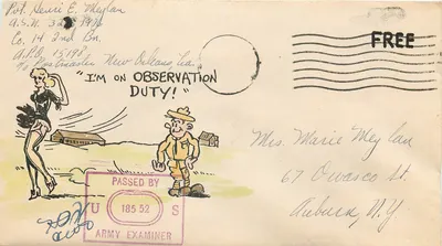 Soldado em serviço de observação — New Orleans, Louisiana — carta postal militar com texto impresso e desenho