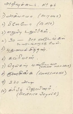 Sri Lanka — Tarjeta postal con lista de nombres en tamil — editor desconocido, número de serie no visible — Reverso