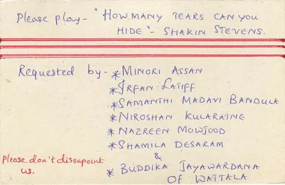 Carta postal do Sri Lanka — solicitação de música para um serviço de rádio — Colombo — Verso