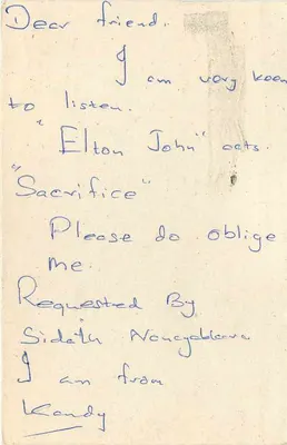 Carte postale de Sri Lanka — demande de disques d'Elton John — éditeur inconnu — Verso