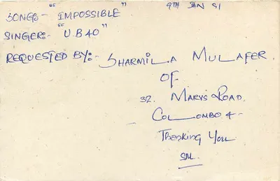 Carte postale de Sri Lanka — demande de chanson — éditeur inconnu — Verso