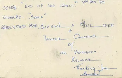 Carta postal Sri Lanka — solicitação de música — 4 de janeiro de 1990 — Verso