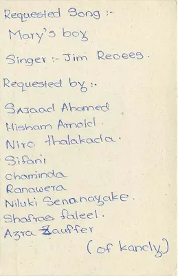 Carta postal Sri Lanka — solicitação de música — editor desconhecido, número de série não visível — Verso