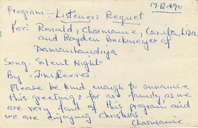 Carta postal Sri Lanka — Programa de Natal — editor desconhecido, número de série não visível — Verso