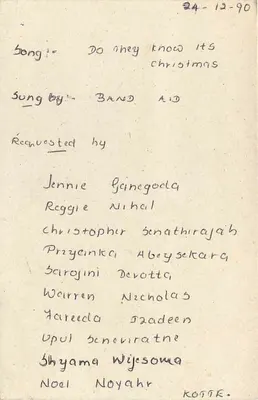 Cartolina d'epoca Sri Lanka — richiesta della canzone di Natale — editore Central Mail — Verso