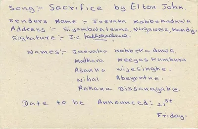 Carta postal Sri Lanka — solicitação de serviço inglês — verso com detalhes de um concurso de música — Verso