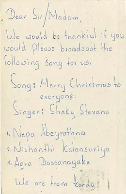 Carte postale de Sri Lanka — demande de diffusion radio — éditeur 'Post Card' avec timbre 75 rps — Verso