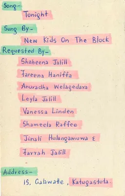 Carta postal do Sri Lanka — pedido de música para o serviço inglês — editor desconhecido — Verso