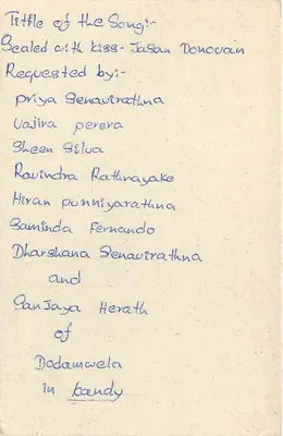 Carta postal Sri Lanka — pedido de músicas — editor desconhecido — Verso