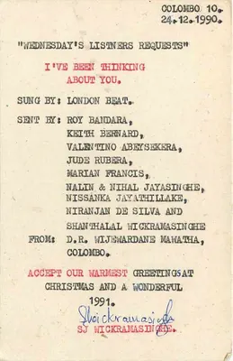 Cartolina d'epoca dello Sri Lanka — 'Wednesday's Listeners Requests' — edita da S.L.B.C. (Sri Lanka Broadcasting Corporation) — Verso