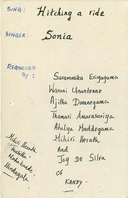 Hitching a ride — Sonia — Pedidos de ouvintes, C/o Serviço Inglês, P.O. Box 574, Colombo, Sri Lanka — Verso