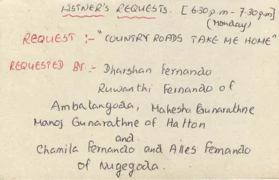 Sri Lanka Broadcasting — Lista de solicitações de músicas — editor Sri Lanka Post — Verso