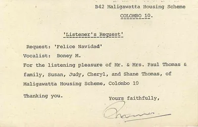 Cartolina di Colombo — 'Listener's Request' — Servizio inglese, Sri Lanka — Verso