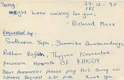 Sri Lanka — Solicitud de difusión de una canción — editor desconocido — Reverso