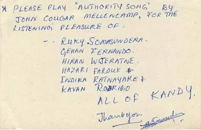 Kandy — solicitação de música — Sri Lanka Post Card — Verso