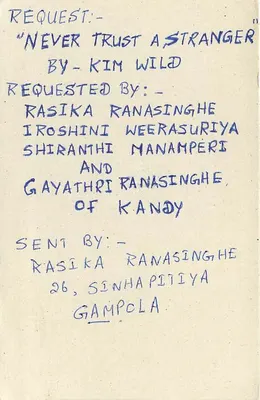 Carta postal Sri Lanka — solicitação de música — editor desconhecido — Verso