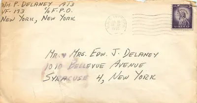 Envelope — carta para Sr. & Sra. Edw. J. Delaney, Syracuse — selo 3c Liberdade, carimbo New York 10 AM 1955