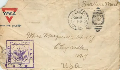 Soldiers' Mail — YMCA com as cores — Miss Margarette Hardy, Clayville, N.Y. — U.S. Army Post Office 146