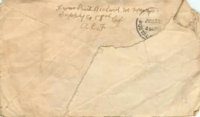 Soldiers' Mail — YMCA com as cores — Miss Margarette Hardy, Clayville, N.Y. — U.S. Army Post Office 146 — Verso