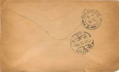 Alexandria — Tarjeta censurada para un oficial R.F.A. — Artillería Real — Reverso