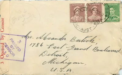 Carta postal australiana — selos e carimbo de censura — destinada a Mrs. Alexander Bartlich, Detroit, Michigan, U.S.A.