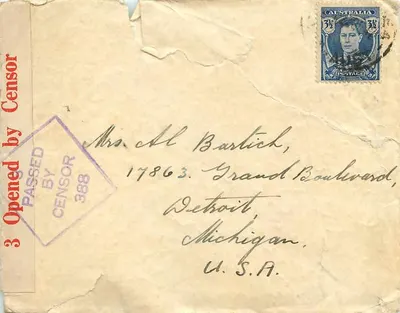 Carte postale australienne — selo de 1940 — destinada a Mrs. M. L. Bartich, Detroit, Michigan, U.S.A.