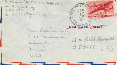 Carta postal aérea — 15º hospital de campanha — Estados Unidos — 1946