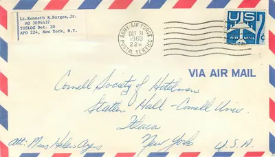 Envelope aéreo US Army Air Force — 31 de outubro de 1960 — destinado à Cornell Society of Hotelmen