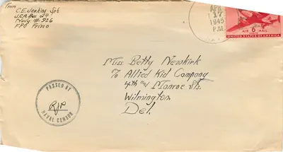 Carta postal aérea — Estados Unidos — 1945 — C.E. Jenkins SpT, FPO Frisco → Miss Betty Newhirk, Wilmington Del.